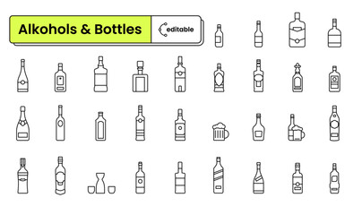 Fototapeta Set of editable icons: alkohols & bottles (wine, beer, sake, champagne, whisky, decanter, liqueur, tequila, vodka, beer mug, gin, rum, brandy) obraz