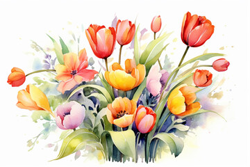 Watercolor painting of tulips on a white background 
created with Generative AI technology