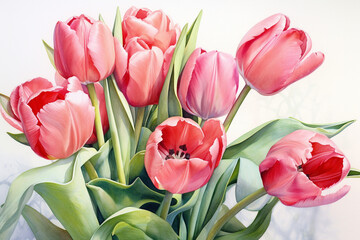 Watercolor painting of tulips on a white background 
created with Generative AI technology