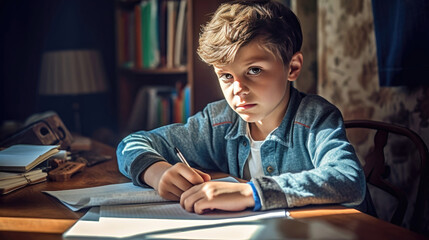 Boy as elementary student doing math homework at desk
