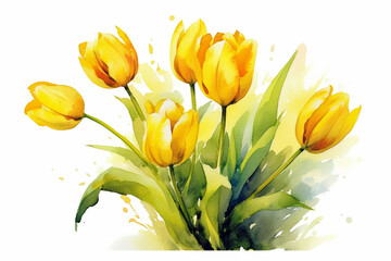 Obraz na płótnie Canvas Watercolor painting of yellow tulips on a white background created with Generative AI technology
