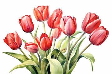 Watercolor painting of tulips on a white background 
created with Generative AI technology