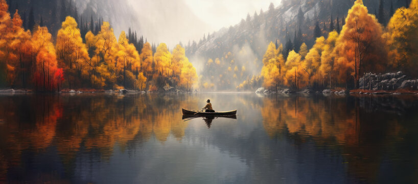 Person rowing on a calm lake in autumn, aerial view only small boat visible with serene water around - lot of empty copy space for text. Generative AI