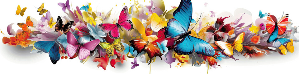 Cartoon butterflies and flowers border set. Flying insects, delicate moths species with multicolored wings collection.
