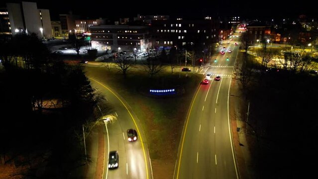 Aerial Night Dolly Shot of the Poughkeepsie New York Sign