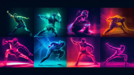 Collage of professional sportsmen in action and motion isolated on background in neon light. Generative AI