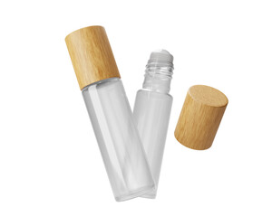 Blank clear white Roll On Glass Bottle with bamboo lid isolated on transparent background, prepared for mockup, 3D render.
