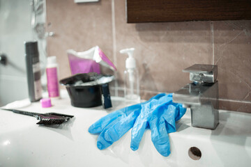 still life on the bathroom sink, bleaching and coloring hair at home