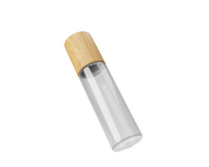 Blank clear white Roll On Glass Bottle with bamboo lid isolated on transparent background, prepared for mockup, 3D render.