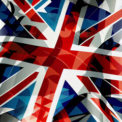 Union Jack decorations background. Flat lay, top view, copy space