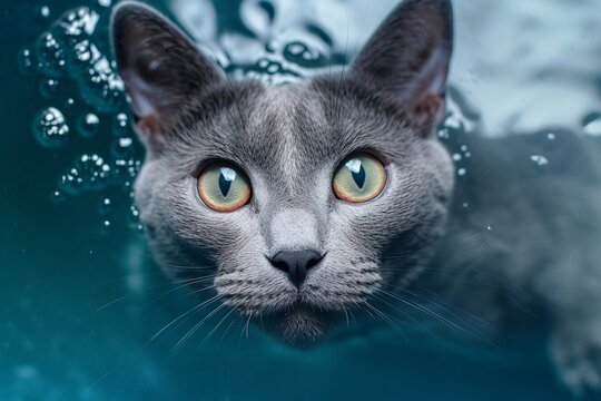 Portrait of a Russian blue cat swims in the water. Generative AI