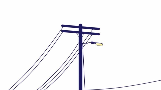 Wiring utility pole animation. Flat outline style icon 4K video for web design. Flickering outdoor light isolated colorful thin line animated object on white background with alpha channel transparency