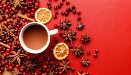 Winter christmas flat lay with christmas decorations, baubles, hot chocolate star anise brown and red background
