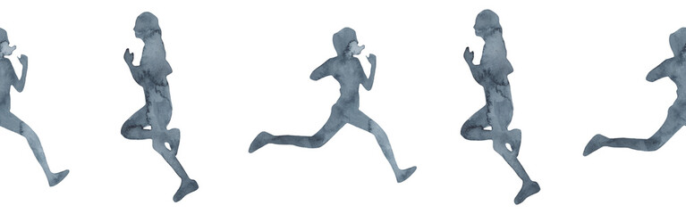 Sports at sunrise border.Running.Gymnastics.Morning gym.Watercolor silhouette sport isolated on white background.