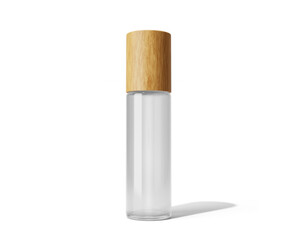 Blank clear white Roll On Glass Bottle with bamboo lid isolated on transparent background, prepared for mockup, 3D render.