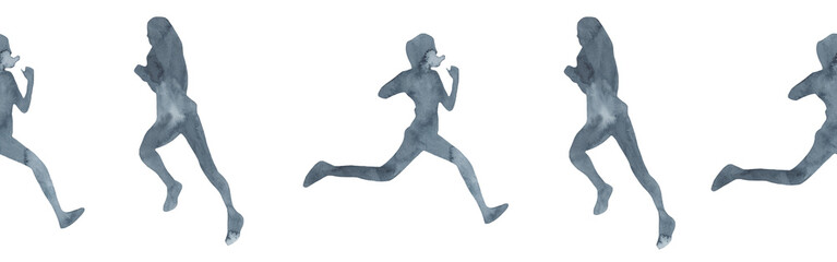 Sports at sunrise border.Running.Gymnastics.Morning gym.Watercolor silhouette sport isolated on white background.