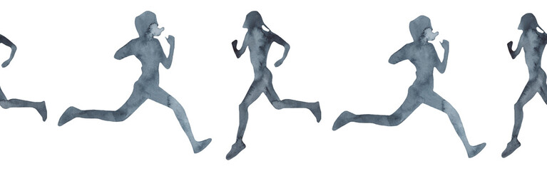 Sports at sunrise border.Running.Gymnastics.Morning gym.Watercolor silhouette sport isolated on white background.