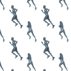 Sports at sunrise pattern.Running.Gymnastics.Morning gym.Watercolor silhouette sport isolated on white background.