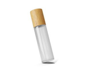 Blank clear white Roll On Glass Bottle with bamboo lid isolated on transparent background, prepared for mockup, 3D render.