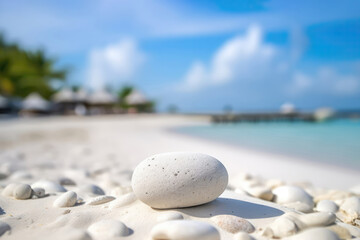 Closeup Of White Flat Rock On White Sand Against Backdrop Of Maldives. Mock-Up For A Cosmetic Or Food Product. Generative AI