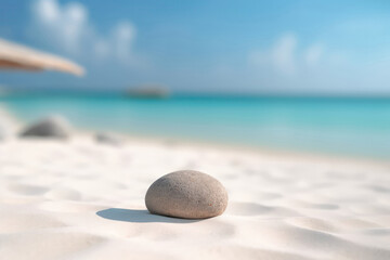 Closeup Of Rock On White Sand Against Backdrop Of Unfocused Maldives. Mock-Up For A Cosmetic Or Food Product. Generative AI