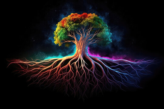 Digital Artwork Of The Earth With Colorful Tree Roots Spreading Across Its Surface, Symbolizing The Interconnectedness Of All Life. Generative AI