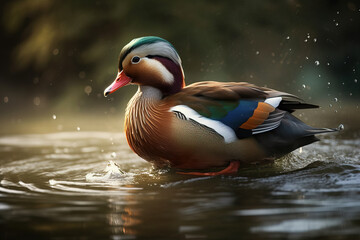 Image of a mandarin ducks are playing in the pond. Wildlife. Animals. illustration, generative AI. - obrazy, fototapety, plakaty