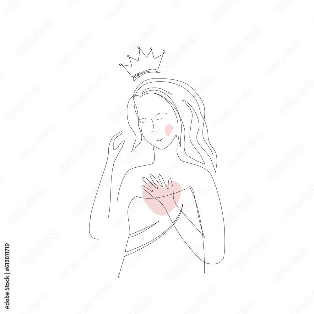 Wall mural Happy woman in a towel after taking a bath with an imaginary crown. Self care and self love concept. Hand drawn continuous line style vector design illustration