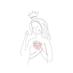Happy woman in a towel after taking a bath with an imaginary crown. Self care and self love concept. Hand drawn continuous line style vector design illustration