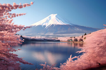 mountain and cherry blossoms