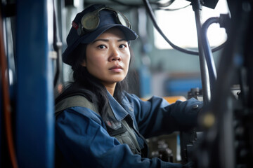 Woman working in a factory or plant, Young Asian female with protective clothes, blurred heavy machinery around. Gender equality at workplace concept. Generative AI