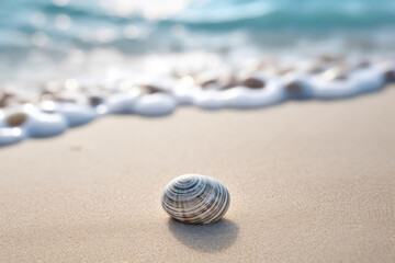 Fototapeta na wymiar White Sand With Gentle Ocean Ripples Against Backdrop Of Unfocused Seashells. Generative AI