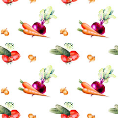 Watercolor vegetable pattern: onion, carrot, beetroot, zucchini, eggplant, cucumbers, tomatoes, pepper. Hand-drawn isolated on a white background for packaging design, fabric printing, product decor
