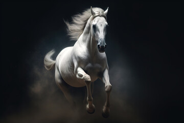 Obraz na płótnie Canvas A graceful white horse galloping against a dark background, raising puffs of sandy dust. Atmospheric portrait of a white luxury horse with a fluttering mane. Generative Ai.