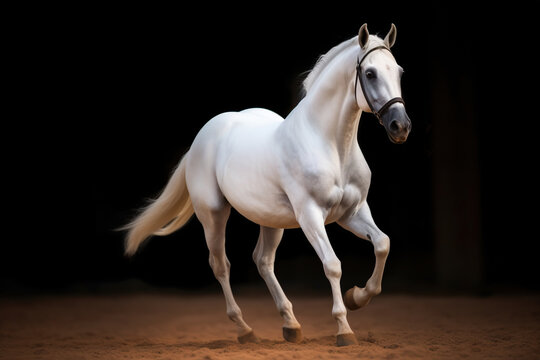 A white horse is prancing on a sandy arena in a darkened room. A graceful well-groomed white horse. Generative Ai.