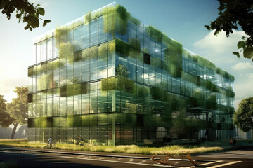 Sustainable Glass Office Building Designed To Promote Natural Ventilation And Reduce The Need For Artificial Cooling. Generative AI