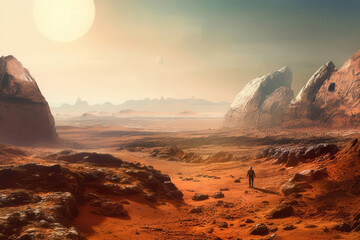Naklejka premium The Otherworldly Landscape Of Mars, With Its Rusty Red Hues And Rugged Terrain. Generative AI