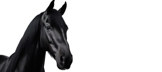 Portrait of a black horse. Amazing glossy black horse on white background with copy space. Generative Ai.