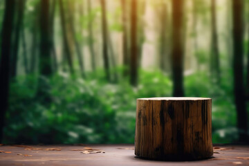 Tree Trunk Podium Against Backdrop Of Defocused Serene Bamboo Forest. Empty Display Case For A Cosmetic Or Food Product. Generative AI