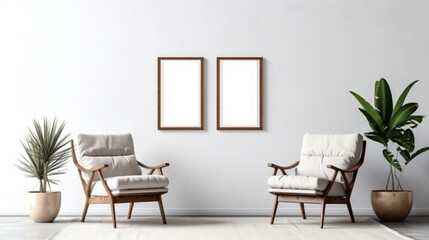Blank picture frame mockup on gray wall. White living room design. generative AI	
