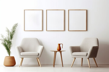 Blank picture frame mockup on gray wall. White living room design. generative AI	
