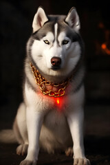 Husky dog ​​posing with a cold expression looking at the camera in front of the fire ,generative ai
