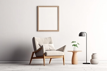 Blank picture frame mockup on gray wall. White living room design. generative AI	
