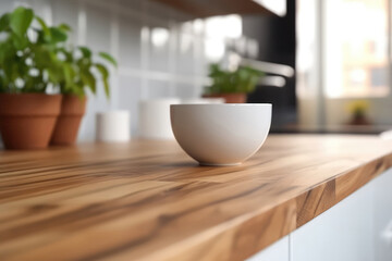 Wooden White Podium Countertop On Blurry Modern Kitchen, Closeup. Generative AI