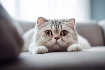 Portrait of Scottish fold cat lying in sofa and looking at camera. Generative AI