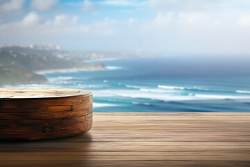 Fototapeta na wymiar Wooden Podium Tabletop Blurs The Expansive Ocean And Coastal Scenery Backdrop. Empty Display Case For A Cosmetic Or Food Product. Generative AI