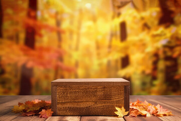 Naklejka na ściany i meble Wooden Podium Tabletop Blurs The Colorful Autumn Foliage Backdrop, Closeup. Empty Display Case For A Cosmetic Or Food Product. Generative AI