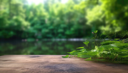 Fototapeta na wymiar Wooden Podium Tabletop Blurs The Tranquil River And Lush Vegetation Backdrop, Empty Display Case For A Cosmetic Or Food Product.. Generative AI