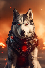 Husky dog ​​posing with a cold expression looking at the camera in front of the fire ,generative ai