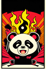 A cartoon gig poster featuring a panda and flames. (AI-generated fictional illustration)
